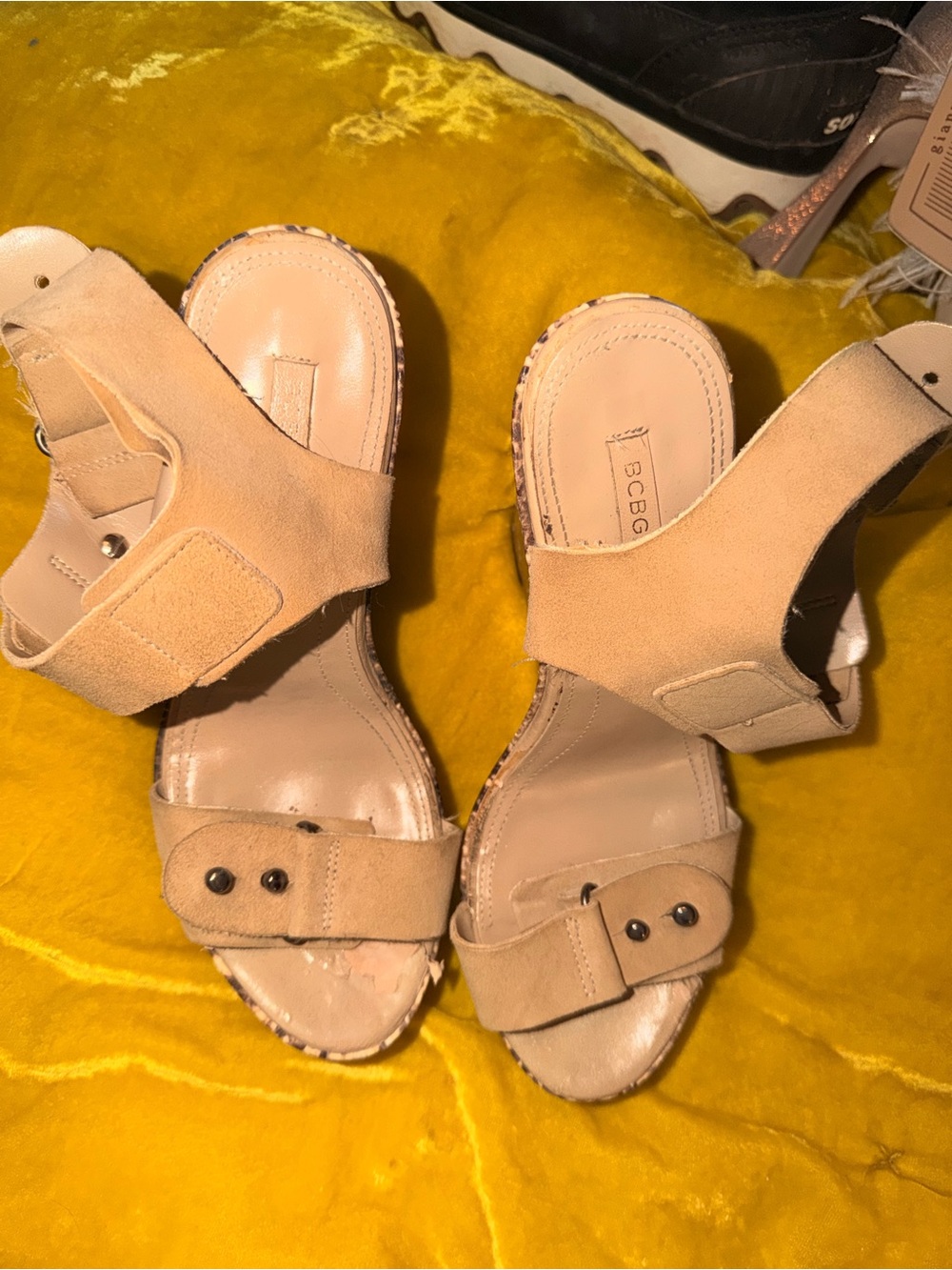 BCBG Beige Suede Women's Ankle-Strap Sandals